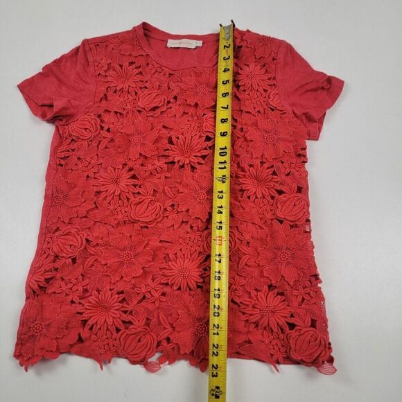 Tory Burch Blouse Shirt Womens XS Red Eyelet Overlay Floral Short Sleeve - Picture 4 of 12